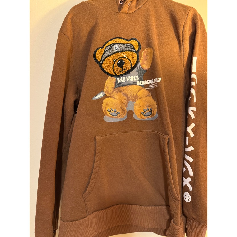 Members Only Bad Vibes Brown Hoodie Chenille Bear Japanese Sleeve Graphic Mens S